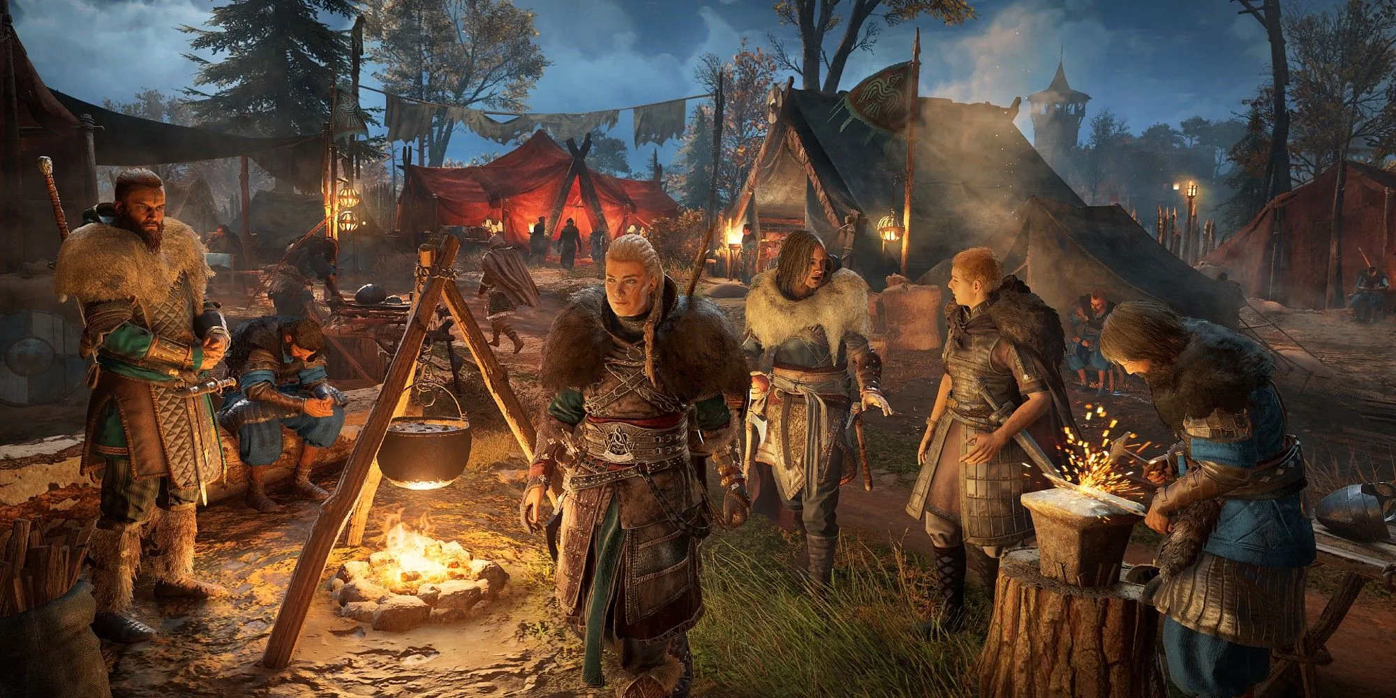 Eivor nữ đi bộ qua khu trại Ravensthorpe trong Assassin's Creed Valhalla, bối cảnh vùng nông thôn Anh thời Viking