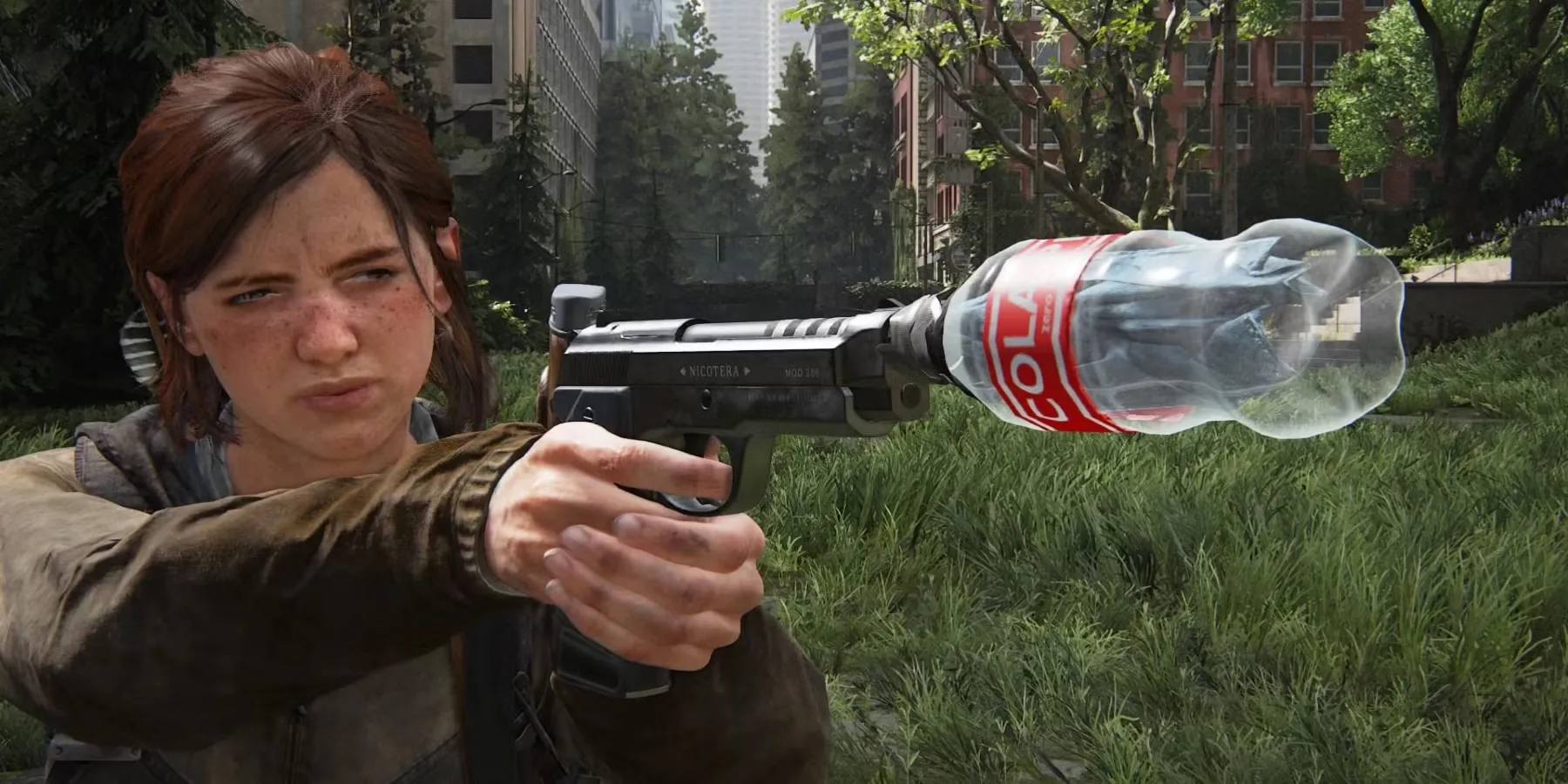 Ellie đang ngắm bắn với khẩu súng lục có gắn ống giảm thanh tự chế trong The Last of Us Part 2