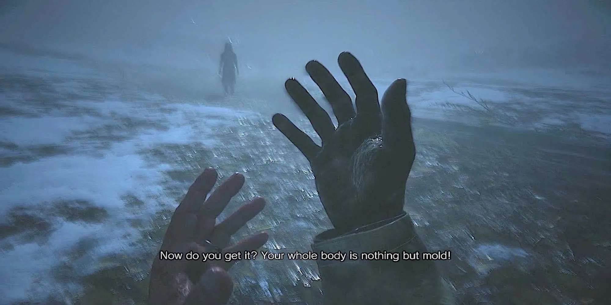Ethan Winters nhìn vào bàn tay của mình trong Resident Evil Village với vẻ kinh ngạc
