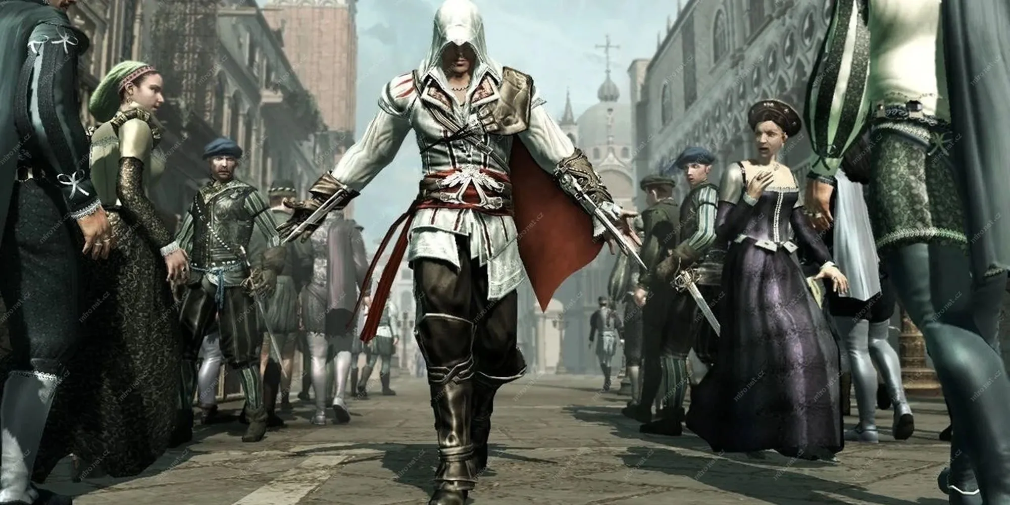Ezio Auditore khoe lưỡi dao ẩn đặc trưng trong Assassin's Creed 2, biểu tượng của nhân vật được yêu thích nhất series