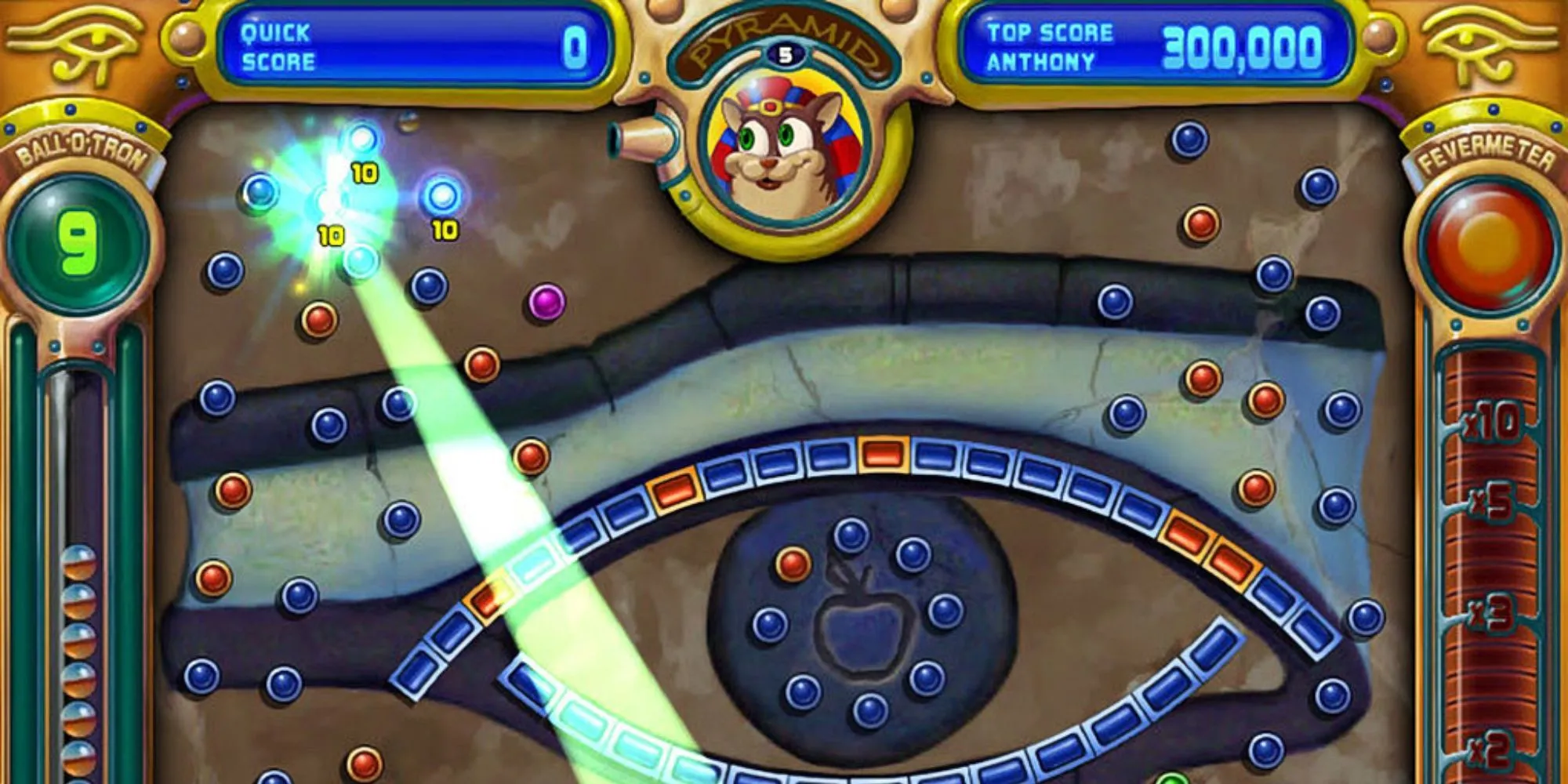 Gameplay Peggle với các viên bi nảy giữa các chốt màu cam và xanh dương