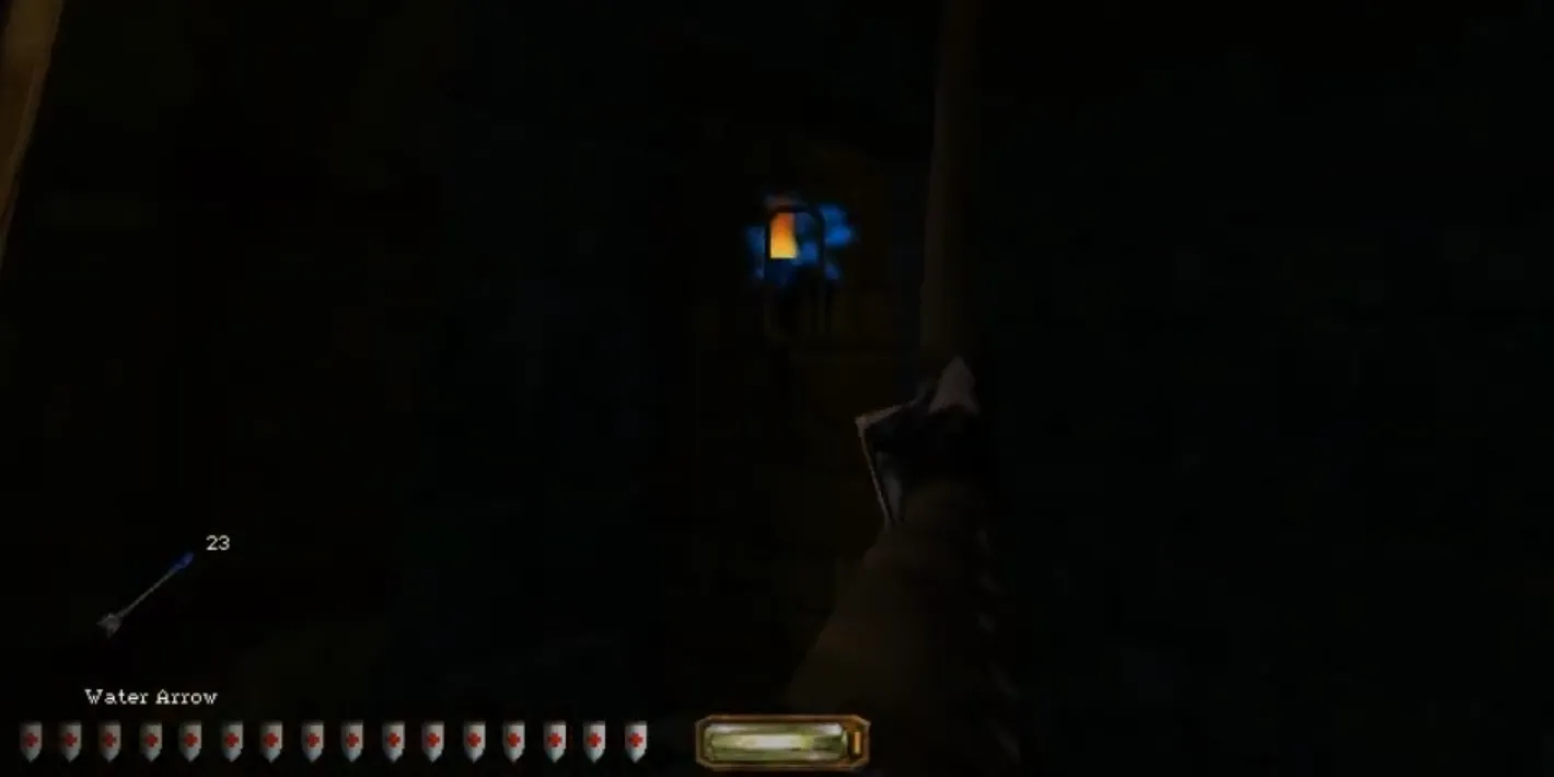 Garrett, nhân vật chính của Thief The Dark Project, đang chuẩn bị bắn một mũi tên nước