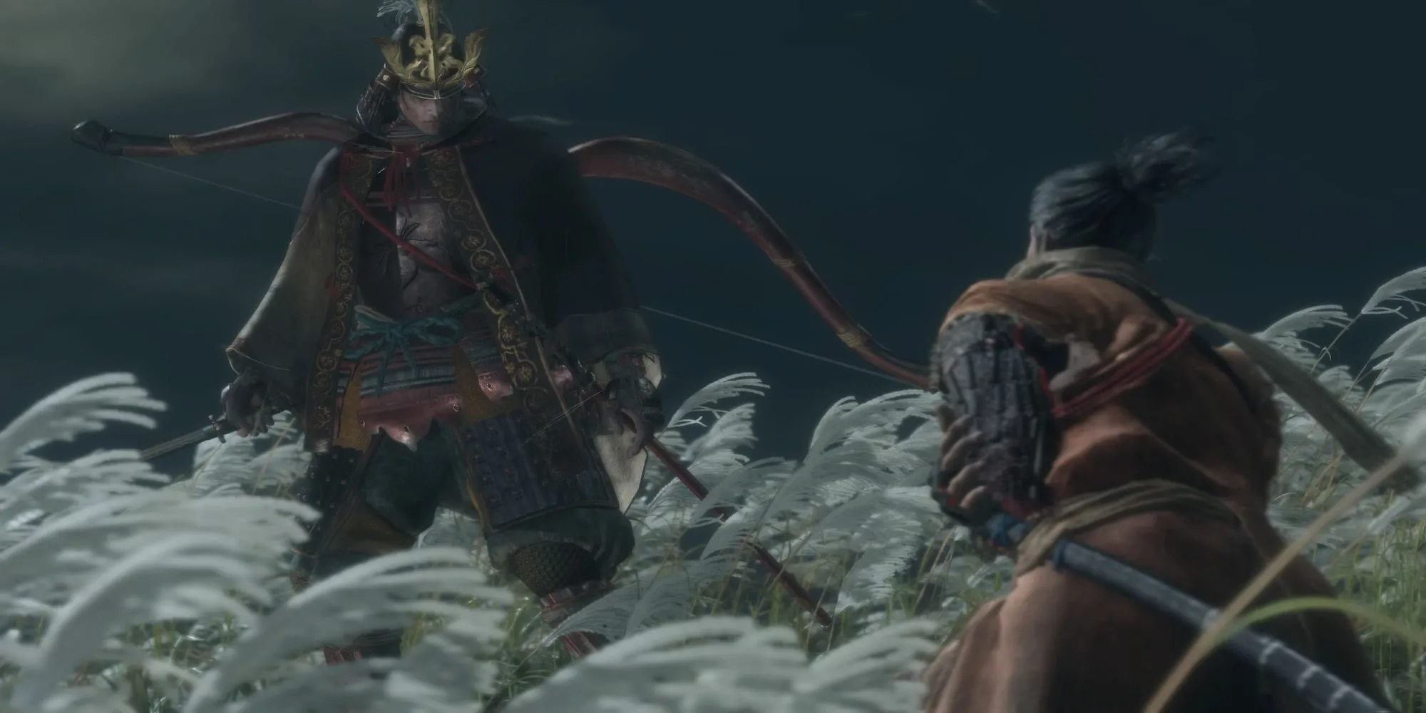 Genichiro Ashina Sekiro đứng nhìn xuống người chơi một cách uy nghi