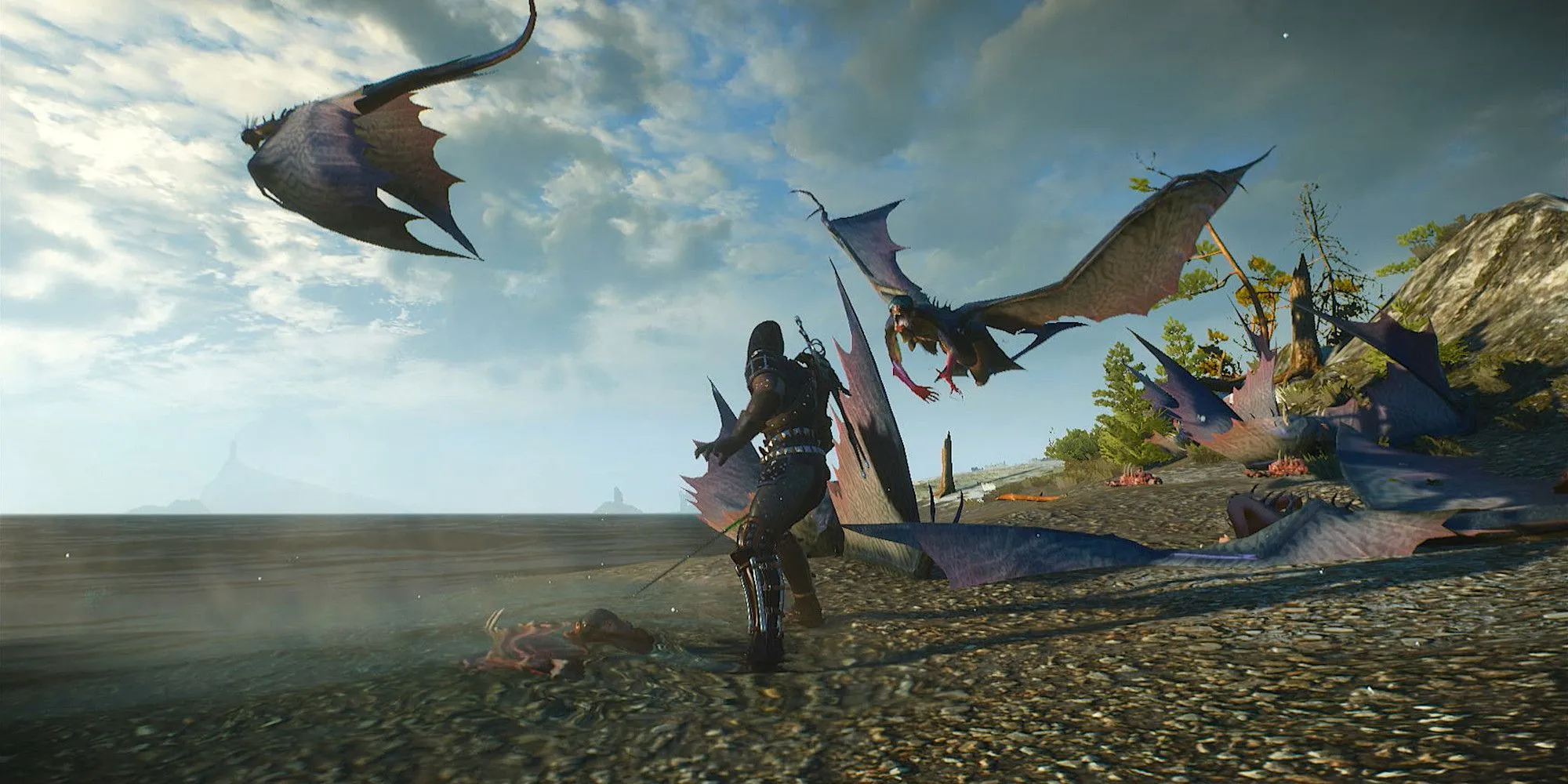Geralt chiến đấu với Harpy ở Skellige trong The Witcher 3 khi tắt hiển thị HUD