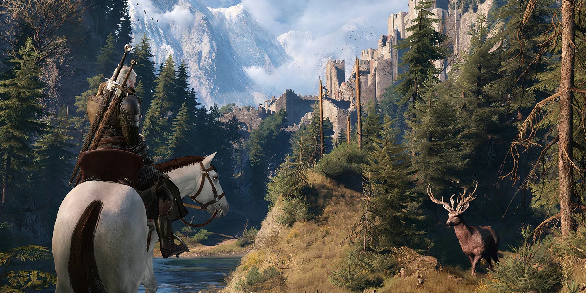 Geralt xứ Rivia cưỡi ngựa qua một khu dân cư trong The Witcher 3: Wild Hunt, minh họa thế giới mở sống động và đầy ắp các hoạt động.