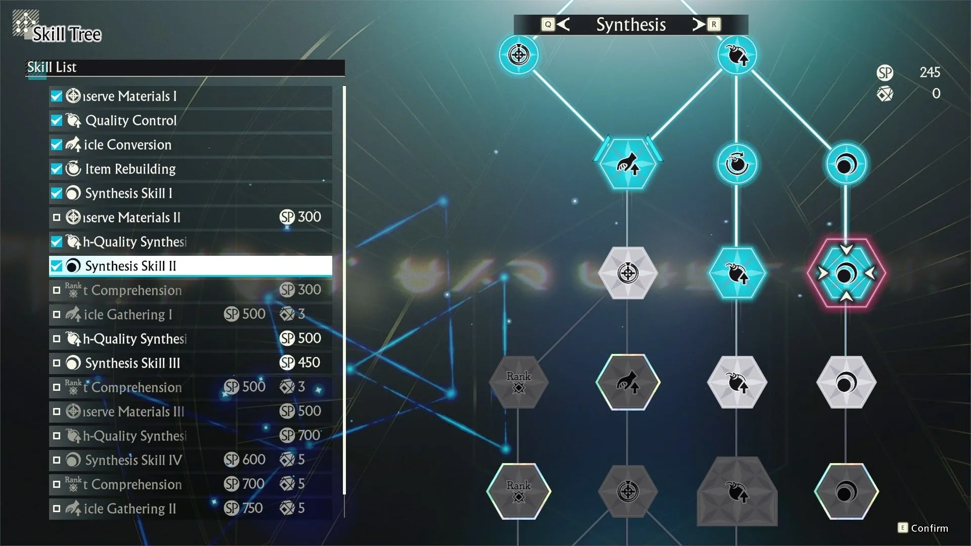Giao diện Cây kỹ năng (Skill Tree) trong Atelier Yumia, cho phép người chơi phân bổ điểm để nâng cấp các khía cạnh khác nhau