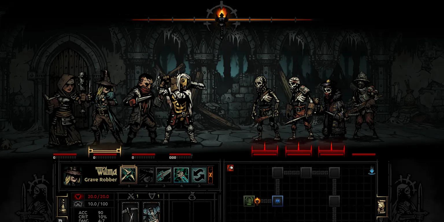 Giao diện chiến đấu theo lượt trong game roguelike Darkest Dungeon