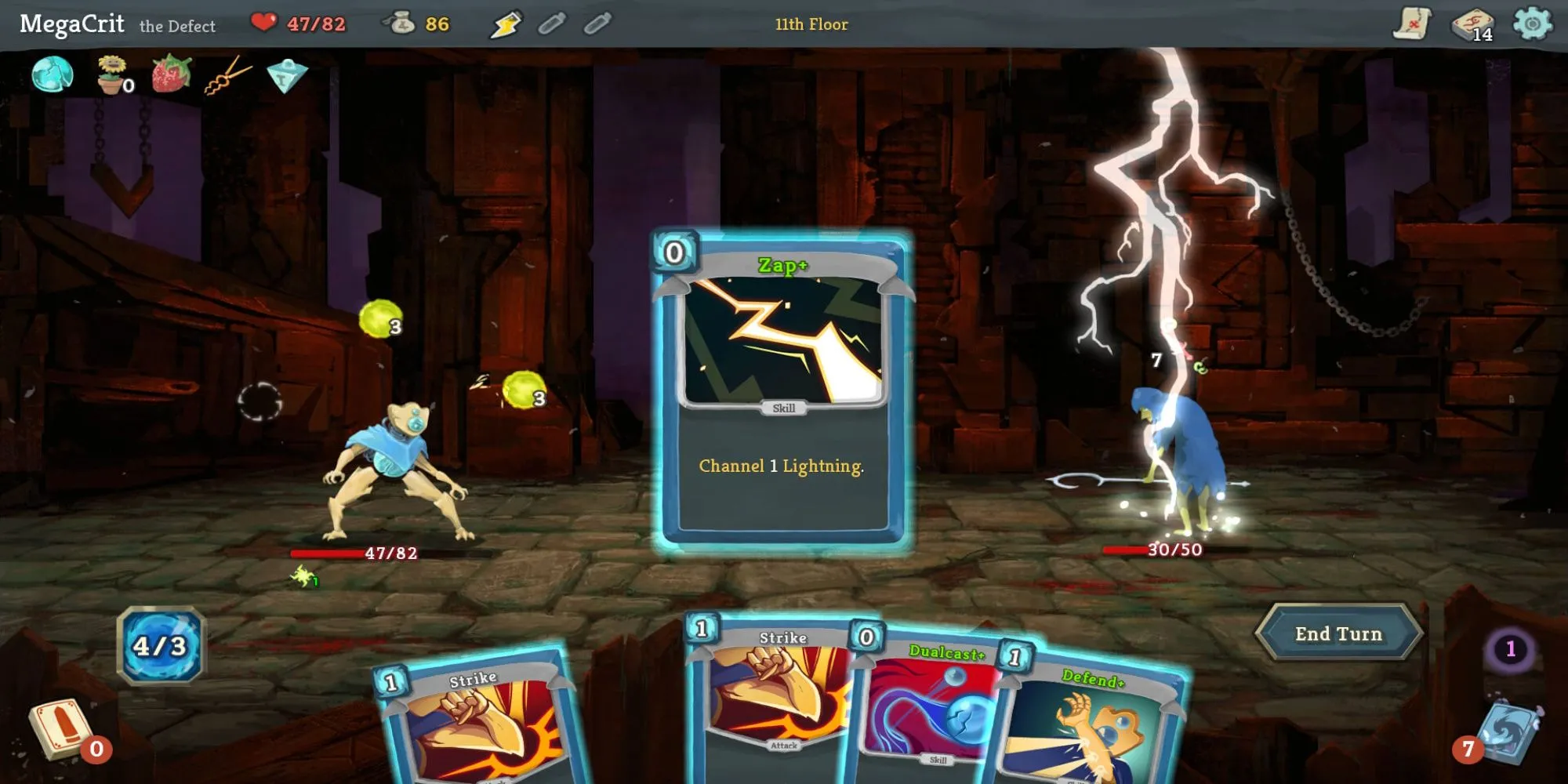 Giao diện chiến đấu trong Slay the Spire, hiển thị các lá bài trên tay và thông tin kẻ thù.