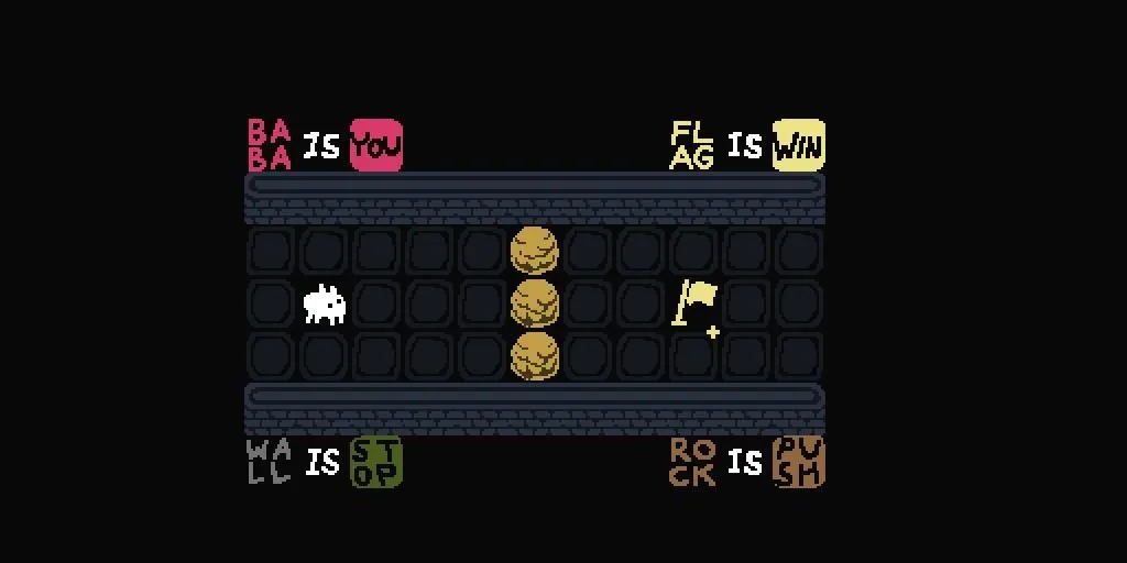 Giao diện game giải đố Baba is You trên di động với các khối chữ và nhân vật Baba