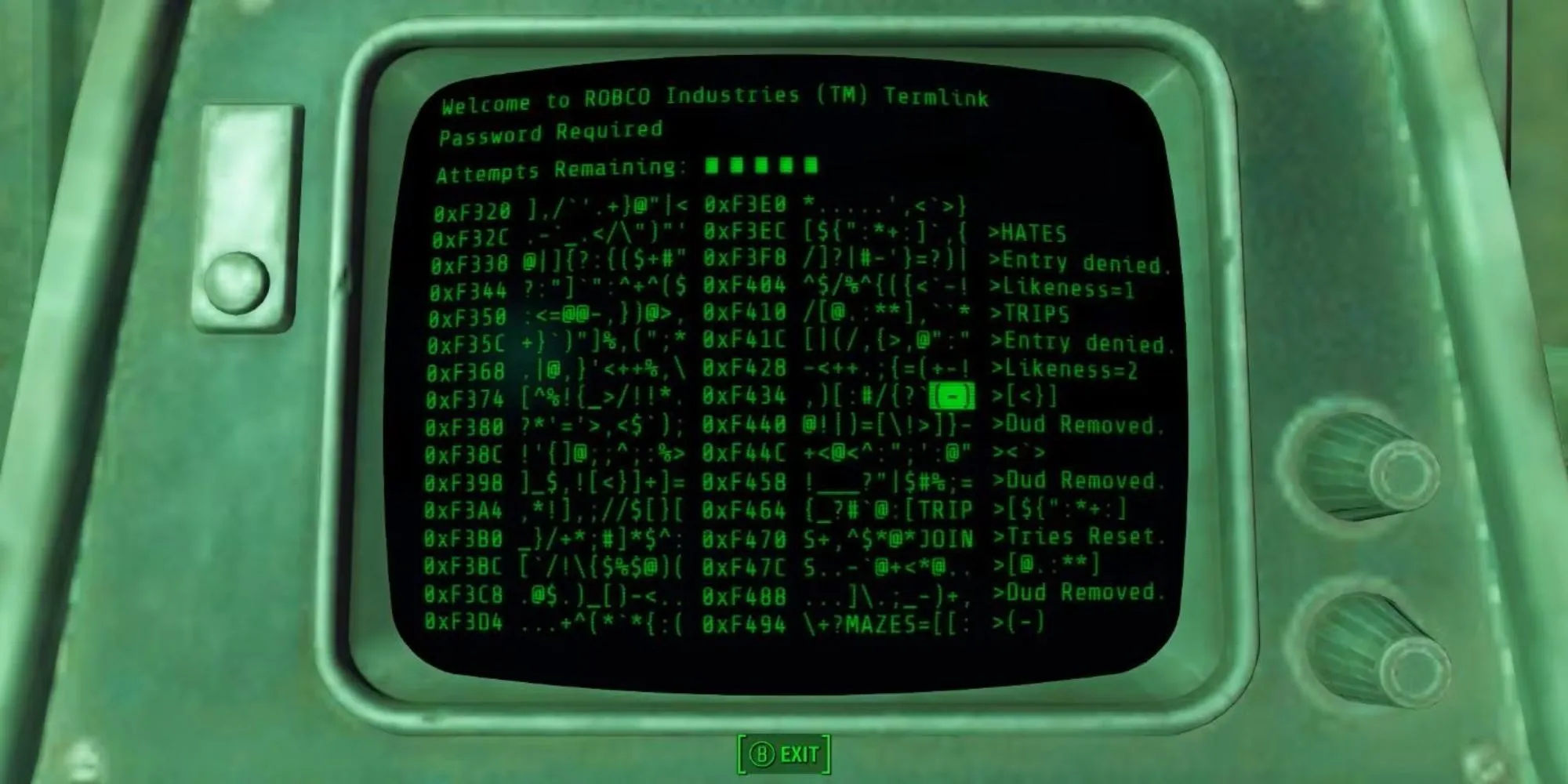 Giao diện hack terminal trong Fallout 4 với các dòng mã và từ khóa cần tìm để giải mã