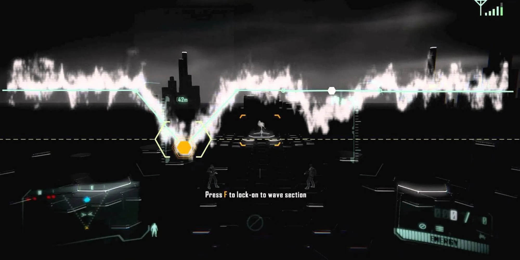 Giao diện hack trong Crysis 3 với các node và đường kết nối cần được căn chỉnh, thể hiện cơ chế hack bằng Nanosuit