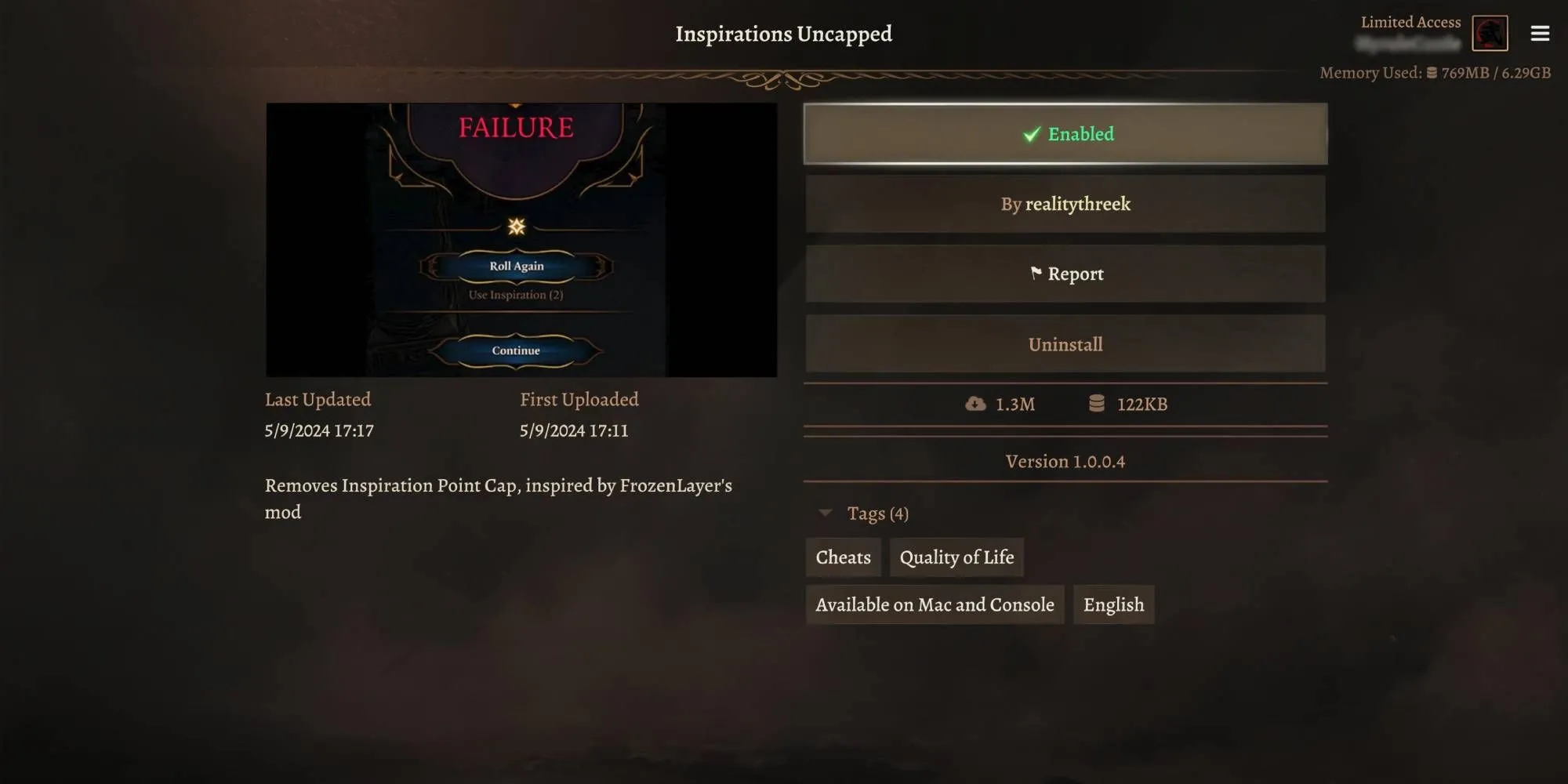 Giao diện hiển thị điểm Inspiration của nhân vật trong Baldur's Gate 3, minh họa cho mod Inspiration Uncapped