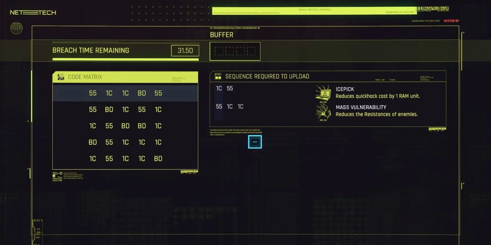 Giao diện minigame Breach Protocol trong Cyberpunk 2077, hiển thị ma trận mã và các chuỗi cần nhập để hack