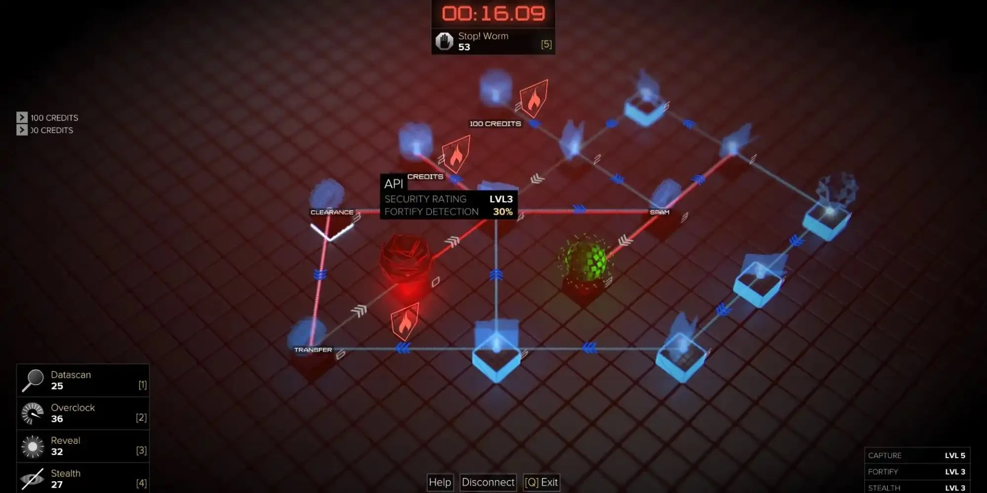 Giao diện minigame hack dạng chiếm node trong Deus Ex: Mankind Divided, nơi người chơi phải chiếm các điểm dữ liệu trước khi bị phát hiện