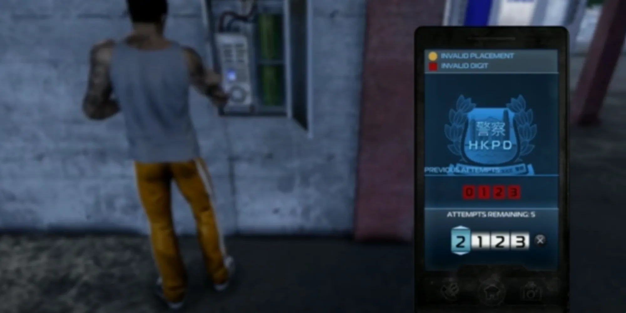Giao diện minigame hack mã số trong Sleeping Dogs, nơi người chơi phải đoán một dãy số dựa trên gợi ý