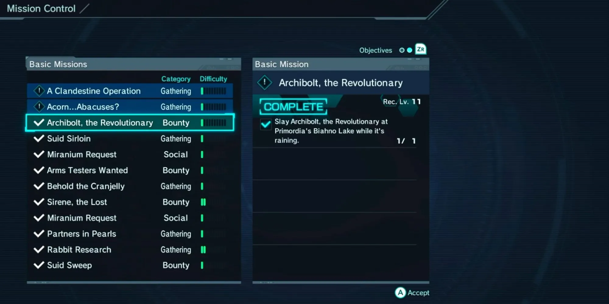 Giao diện nhiệm vụ trong Xenoblade Chronicles X hiển thị nhiều nhiệm vụ cơ bản khác nhau mà người chơi có thể nhận.