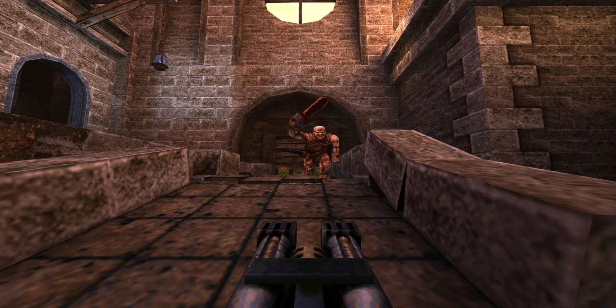 Giao diện tăm tối và kẻ thù đặc trưng trong một màn chơi của Quake (1996)
