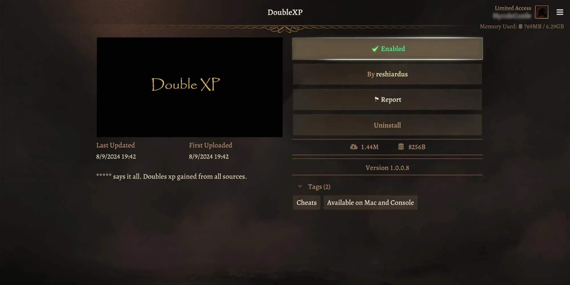 Giao diện thông báo nhận điểm kinh nghiệm trong Baldur's Gate 3 minh họa cho mod Double XP