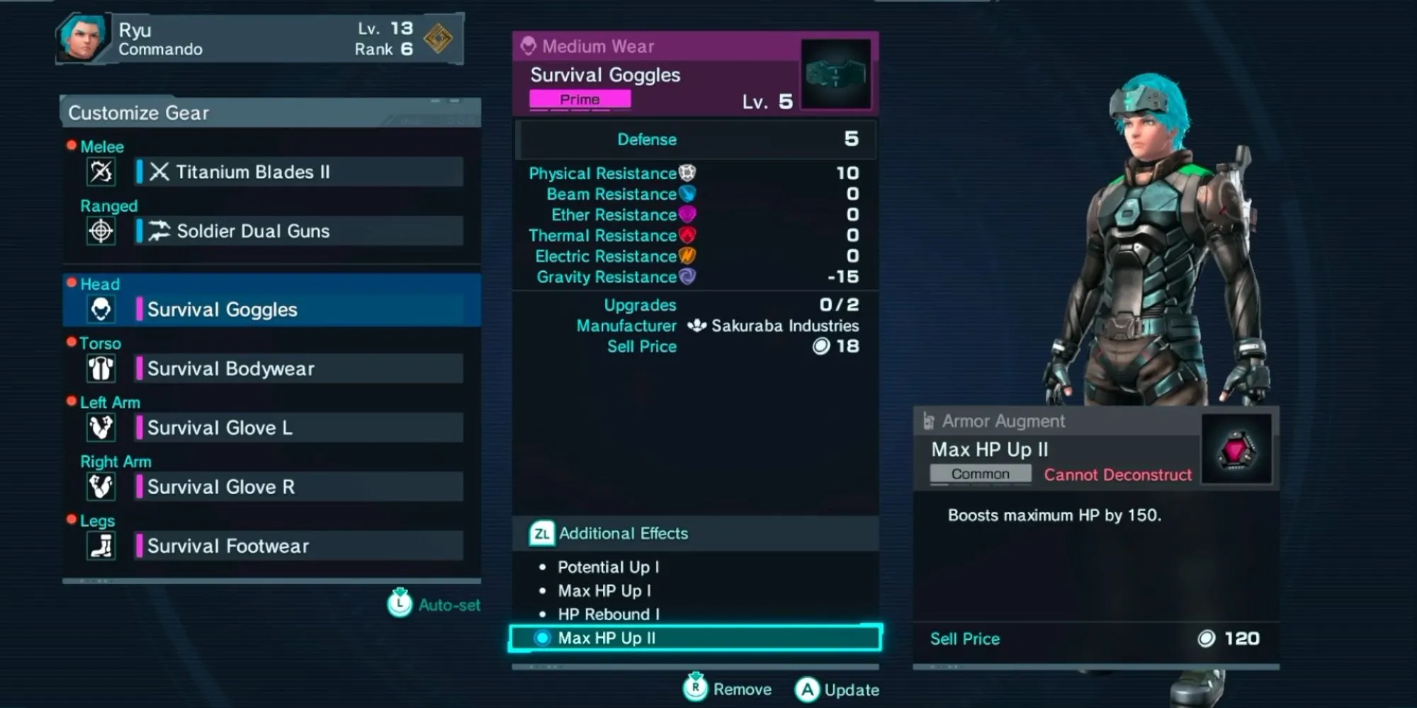 Giao diện trang bị trong Xenoblade Chronicles X hiển thị các khe cắm Augment trên một món vũ khí.