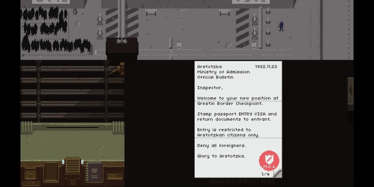 Góc nhìn bàn làm việc của nhân viên kiểm soát biên giới trong Papers, Please, thể hiện không khí công việc lặp lại và căng thẳng