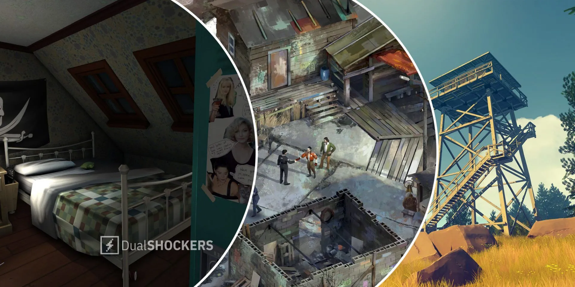 Gone Home on left, Disco Elysium in middle, Firewatch on right