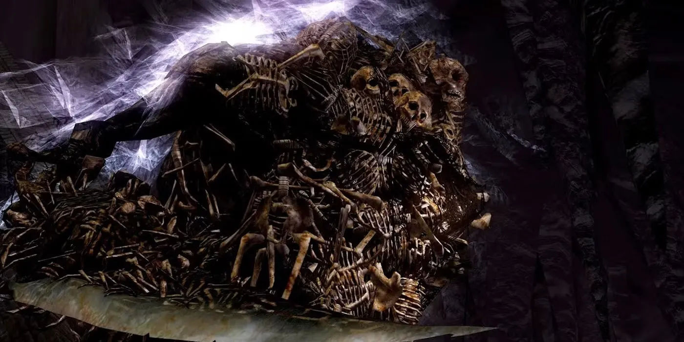 Gravelord Nito, chúa tể mộ phần, đứng giữa đám xương xẩu trong Dark Souls