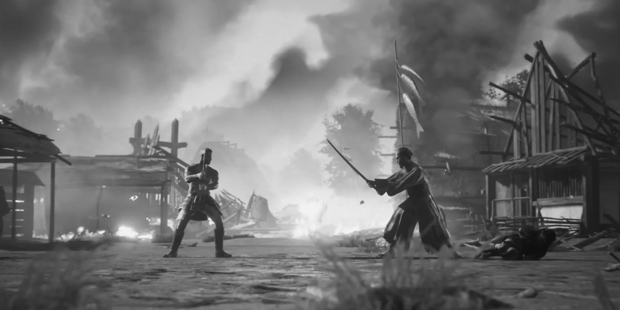 Hai kiếm sĩ samurai đối đầu trong một cảnh game Trek To Yomi với phong cách điện ảnh đen trắng.