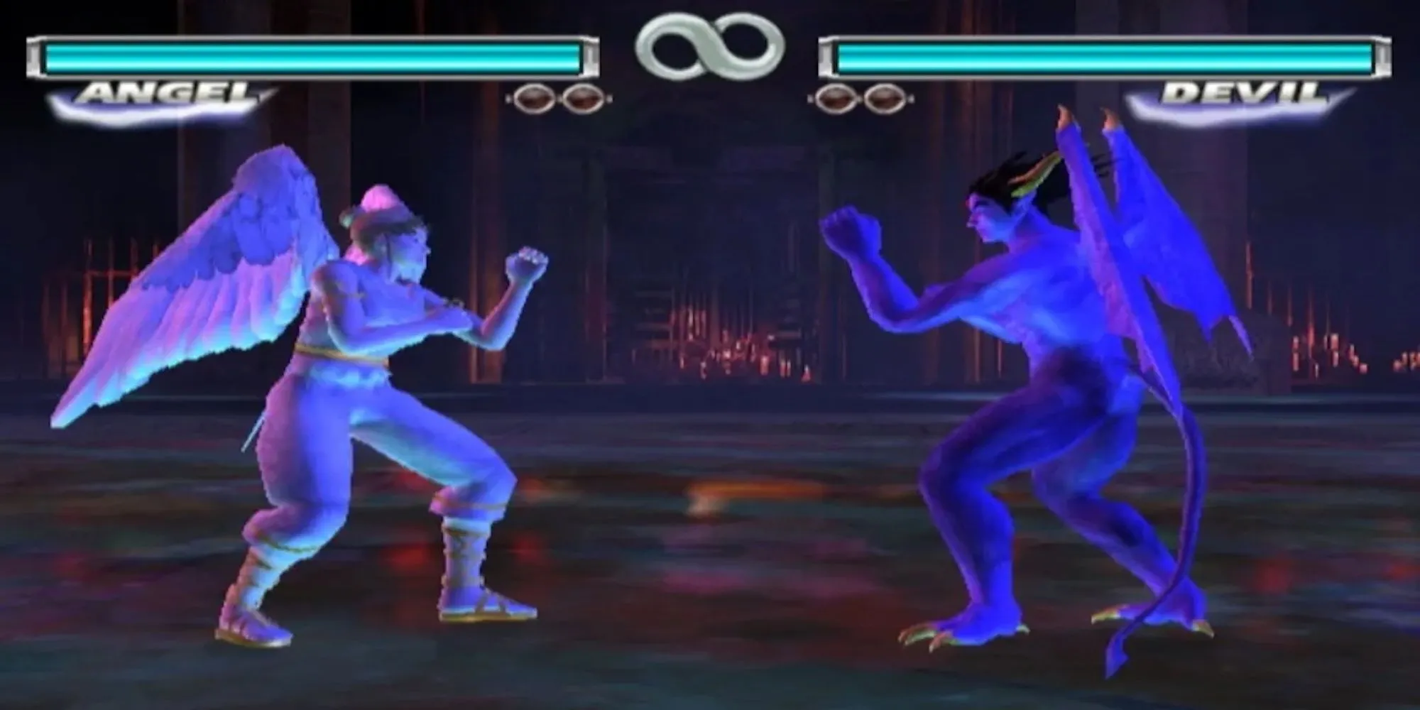 Hai nhân vật Jin Kazama và Kazuya Mishima đang đối đầu trong game Tekken Tag Tournament trên PS2