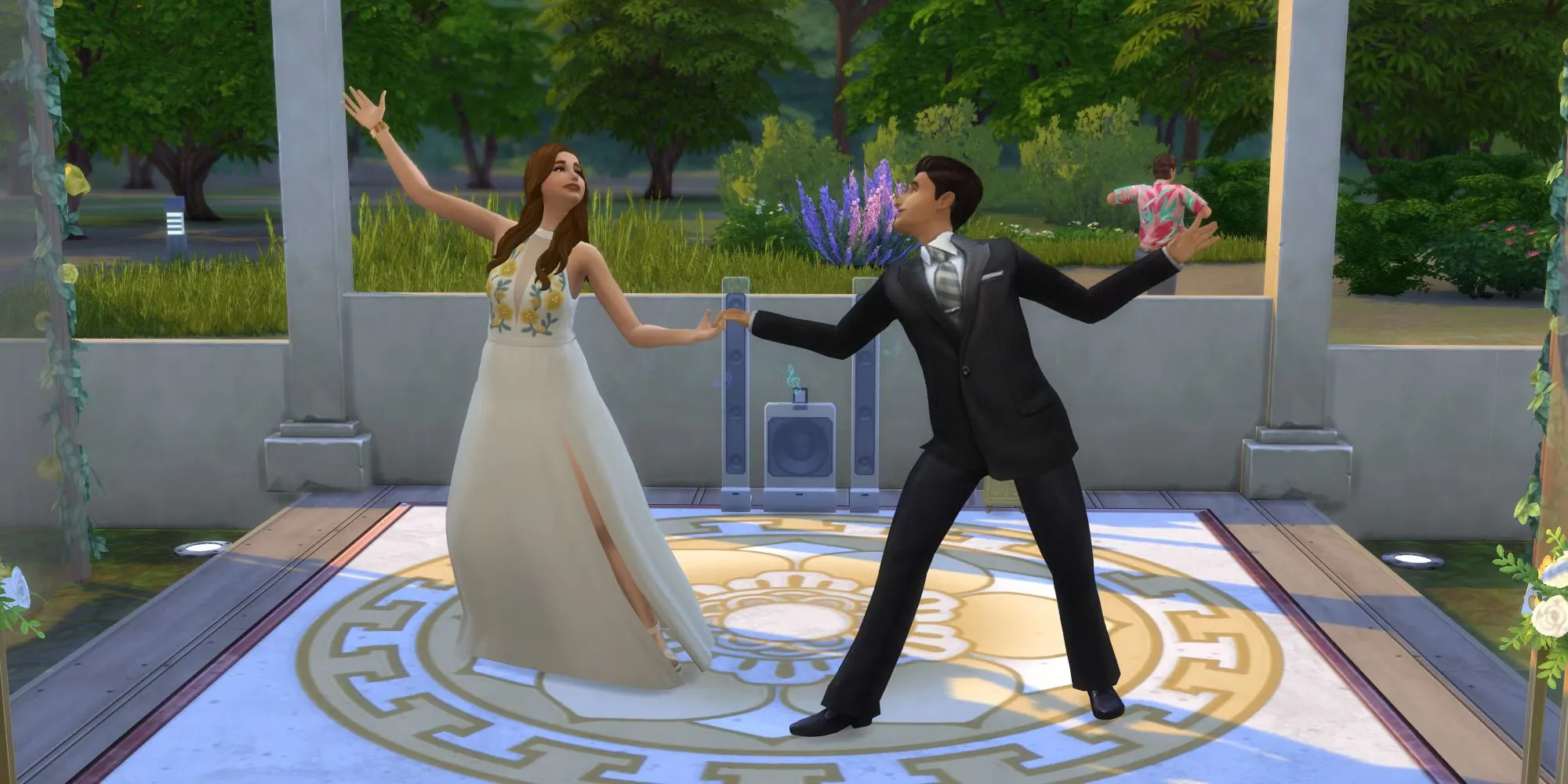 Hai nhân vật Sims được hóa trang chỉnh tề đang khiêu vũ với nhau trong The Sims 4