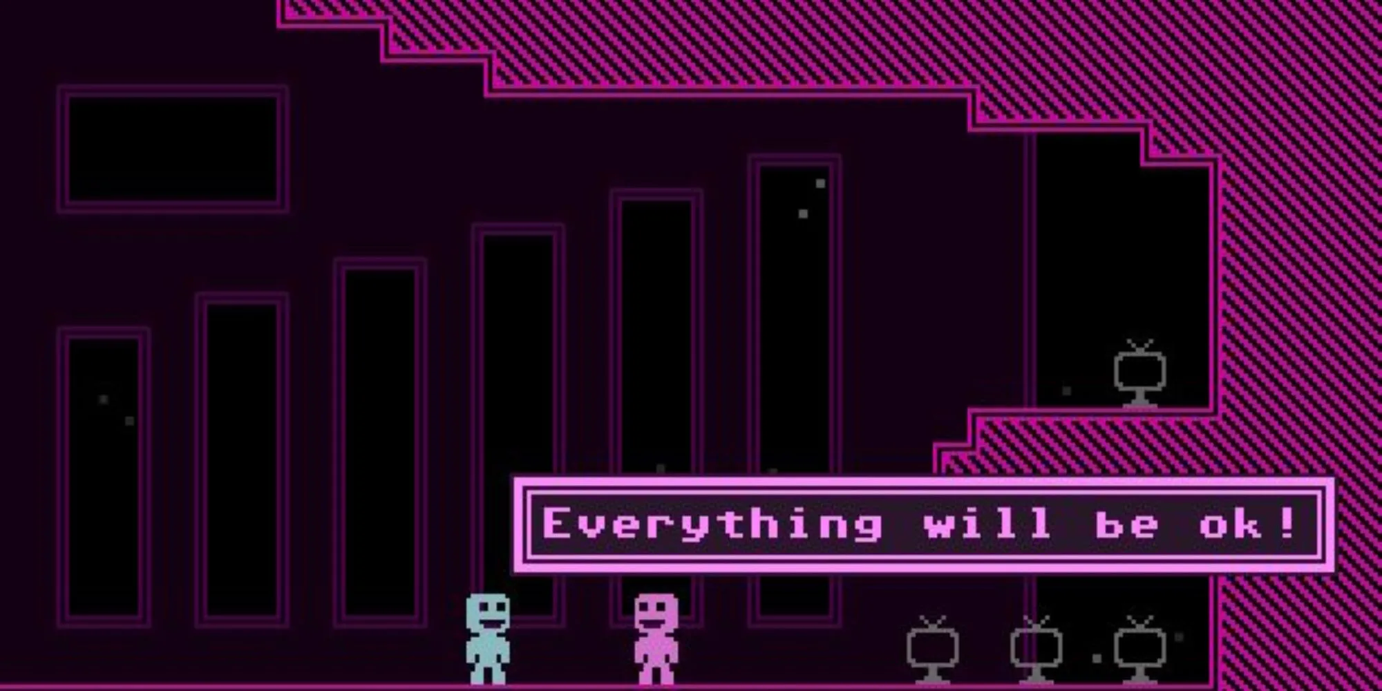 Hai nhân vật trong VVVVVV tương tác với nhau trên nền đồ họa pixel đơn giản nhiều màu sắc