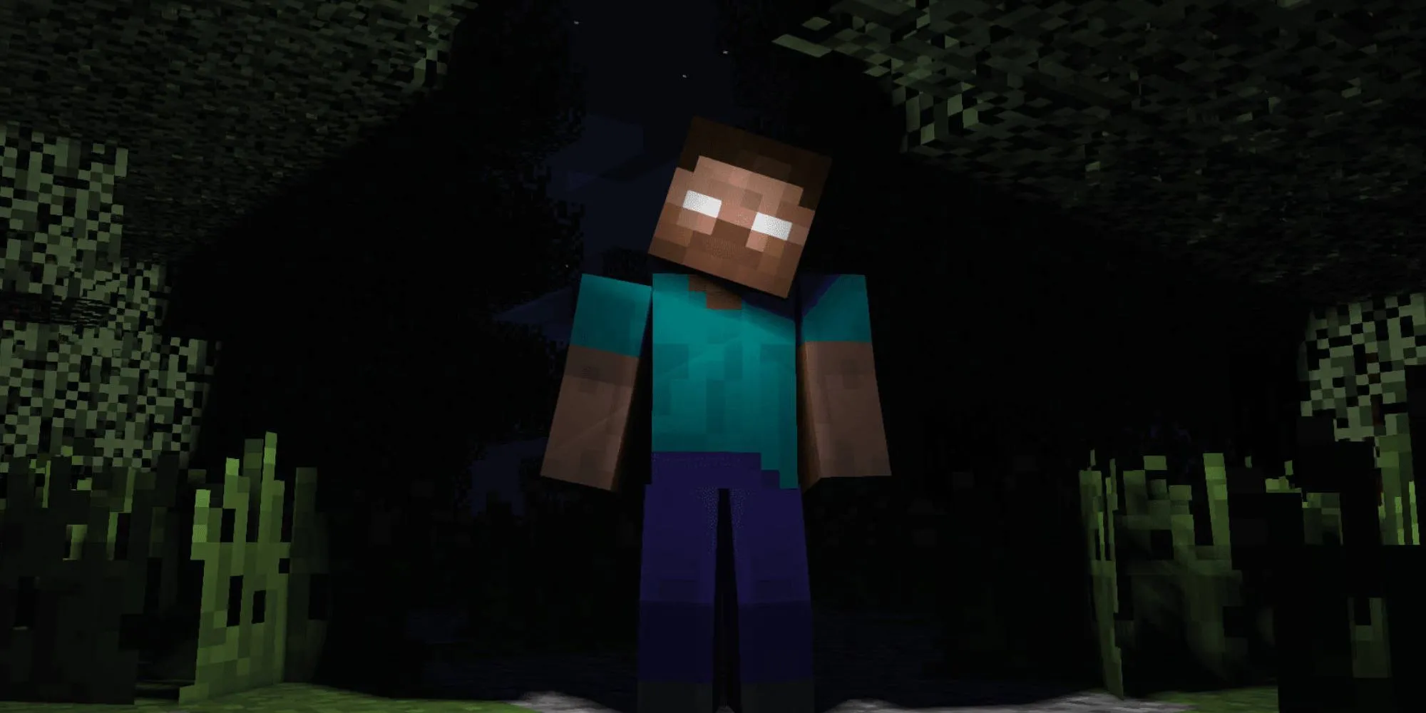 Herobrine xuất hiện trong một khu rừng tối tăm của Minecraft