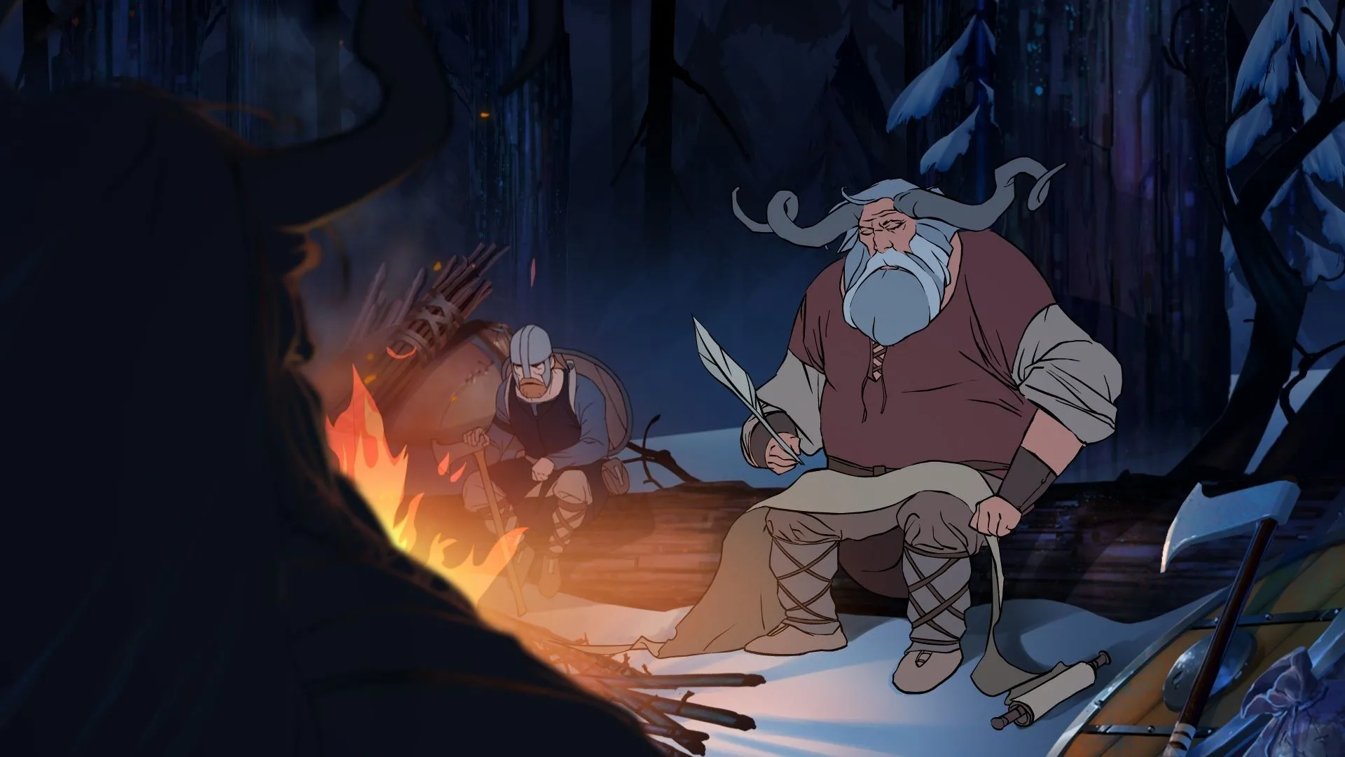 Hình ảnh các nhân vật tụ tập quanh đống lửa trại trong The Banner Saga, với phong cách nghệ thuật vẽ tay đặc trưng