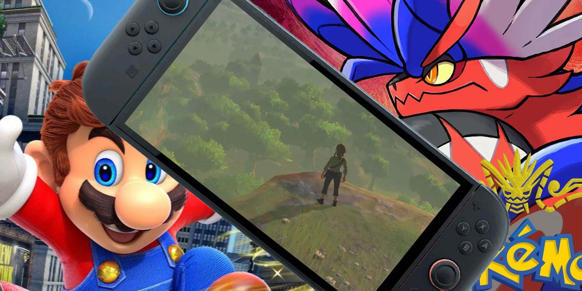 Hình ảnh các tựa game nổi tiếng của Nintendo Switch như Mario Odyssey, Zelda Breath of the Wild, Pokemon Scarlet, minh họa khả năng chơi được trên Switch 2 nhờ tương thích ngược