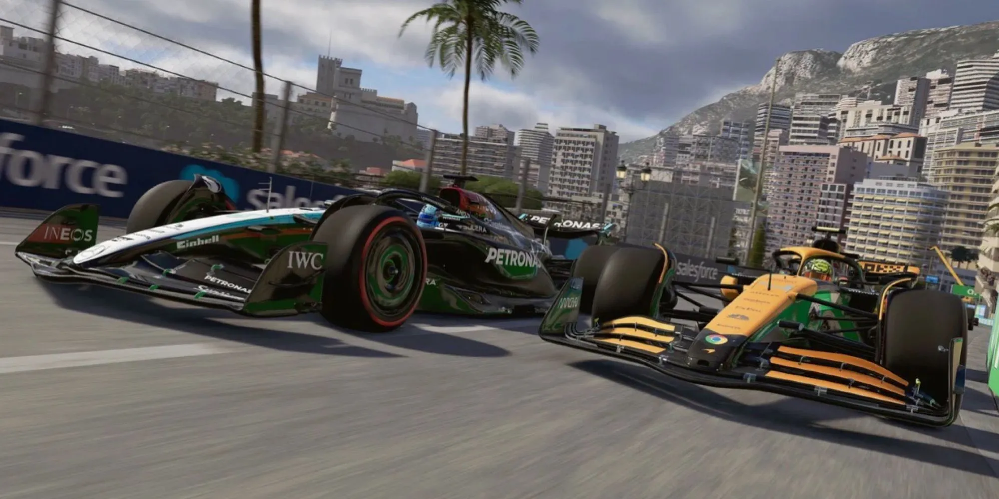 Hình ảnh các xe đua F1, có thể là Mercedes và McLaren, liên quan đến các xếp hạng gây tranh cãi trong F1 25