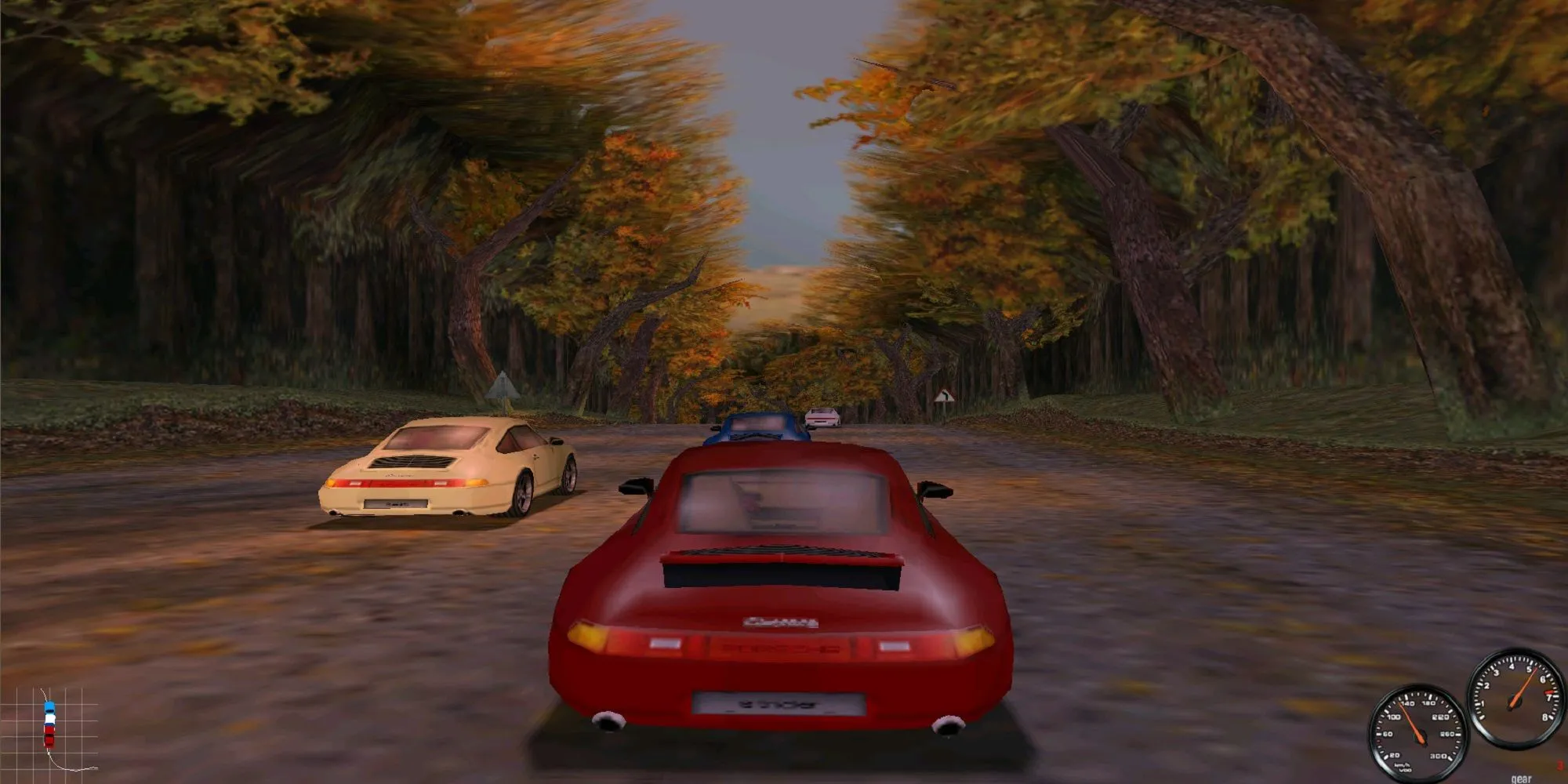 Hình ảnh chiếc xe Porsche màu vàng đang tăng tốc trên đường đua trong game Need For Speed Porsche Unleashed