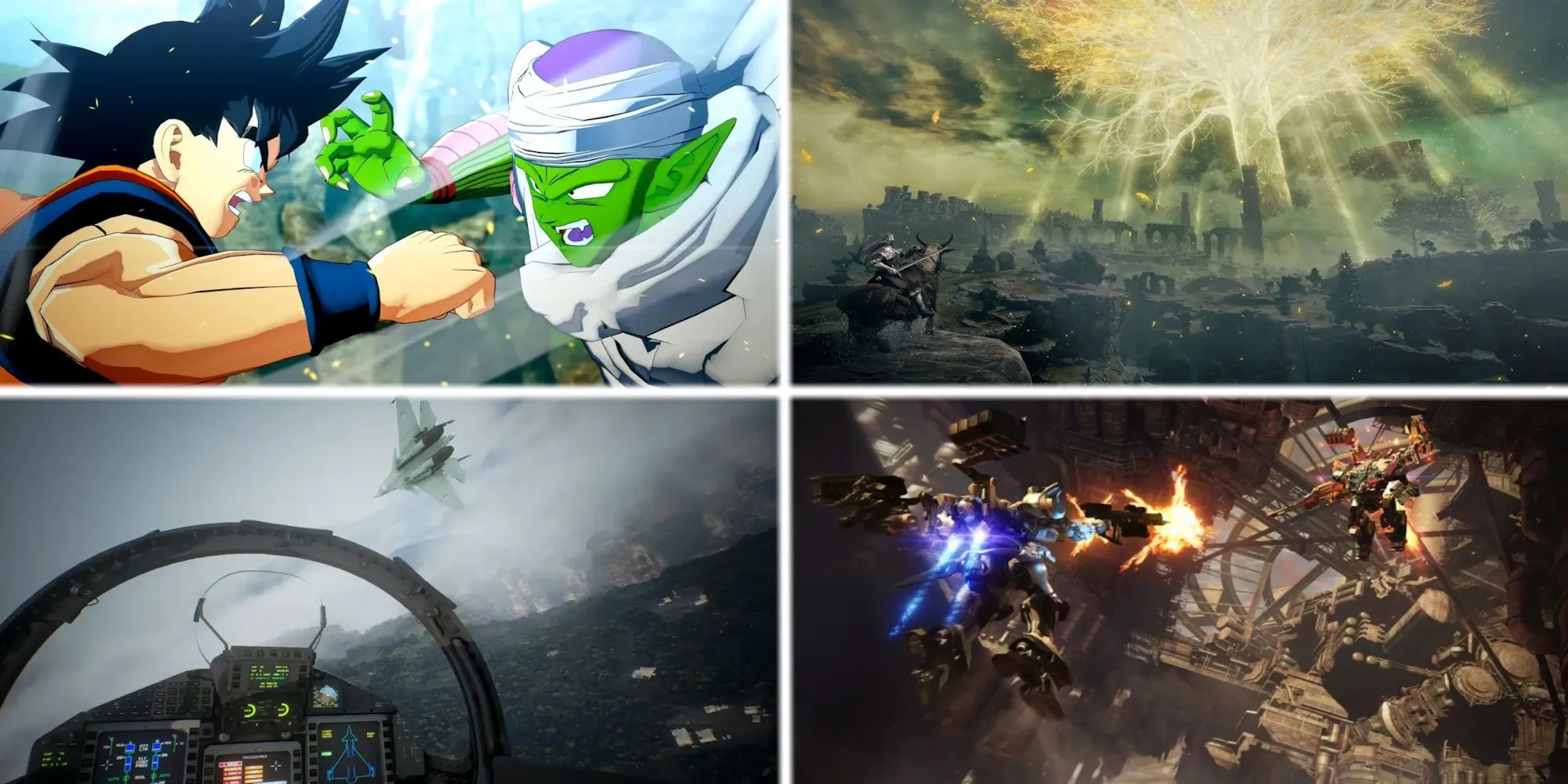 Hình ảnh collage các game nổi bật của Bandai Namco: DBZ Kakarot, Elden Ring, AC7, Armored Core 6