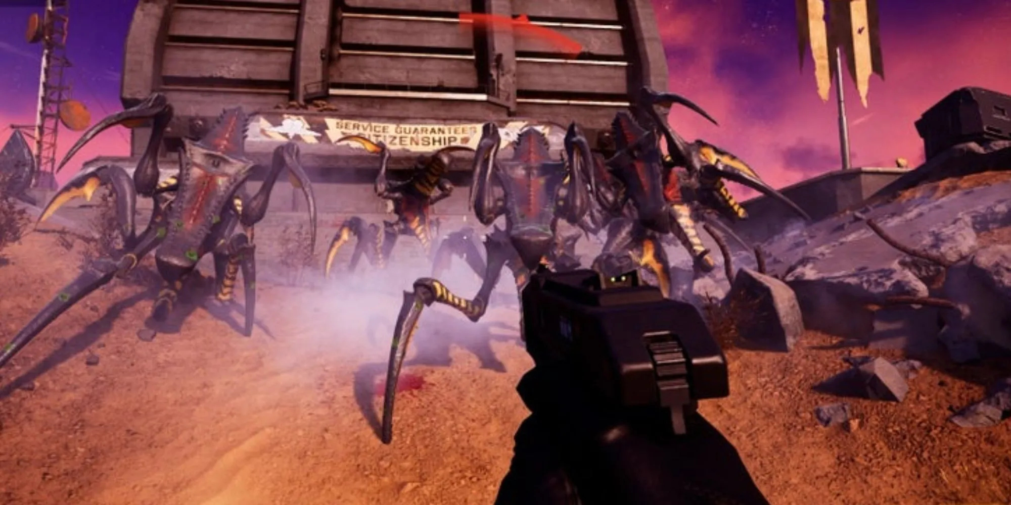 Hình ảnh concept art của Starship Troopers Extermination thể hiện các binh sĩ chiến đấu với bầy Arachnid khổng lồ