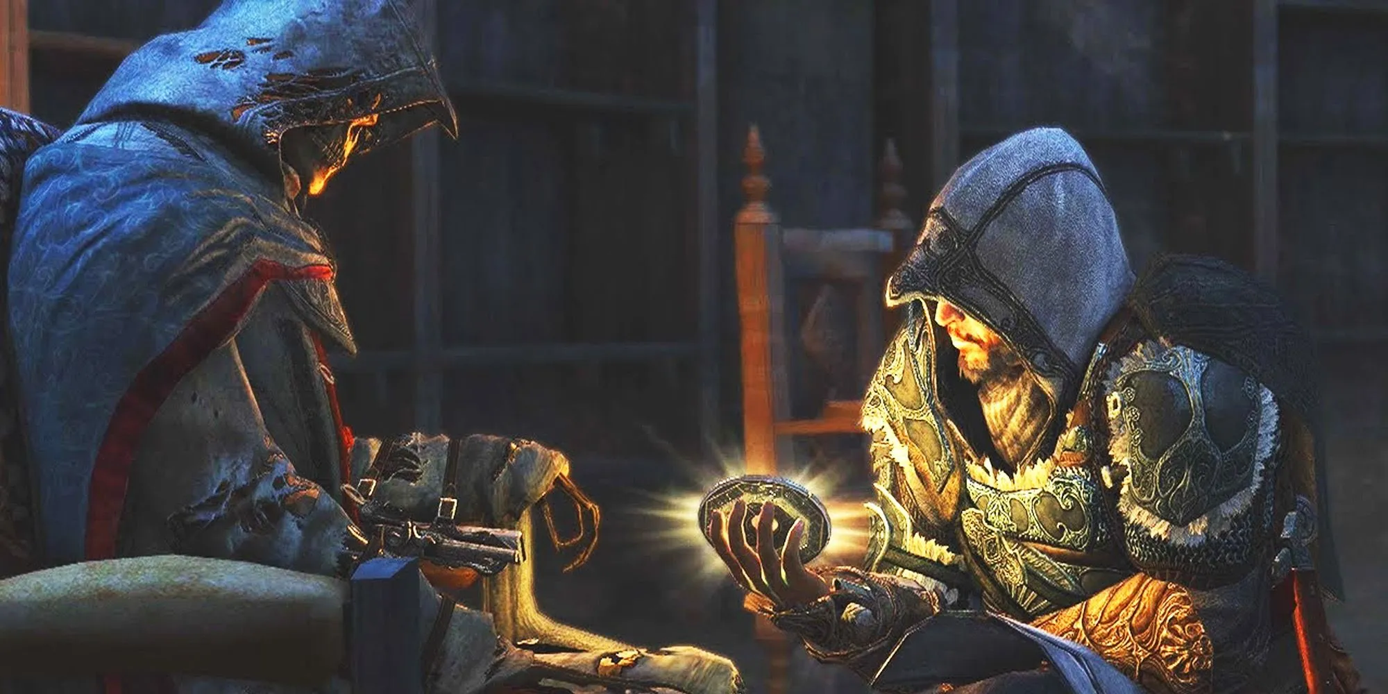 Hình ảnh Ezio Auditore lớn tuổi và Altair Ibn-La'Ahad trẻ tuổi trong Assassin's Creed Revelations, thể hiện sự kết nối giữa hai nhân vật biểu tượng