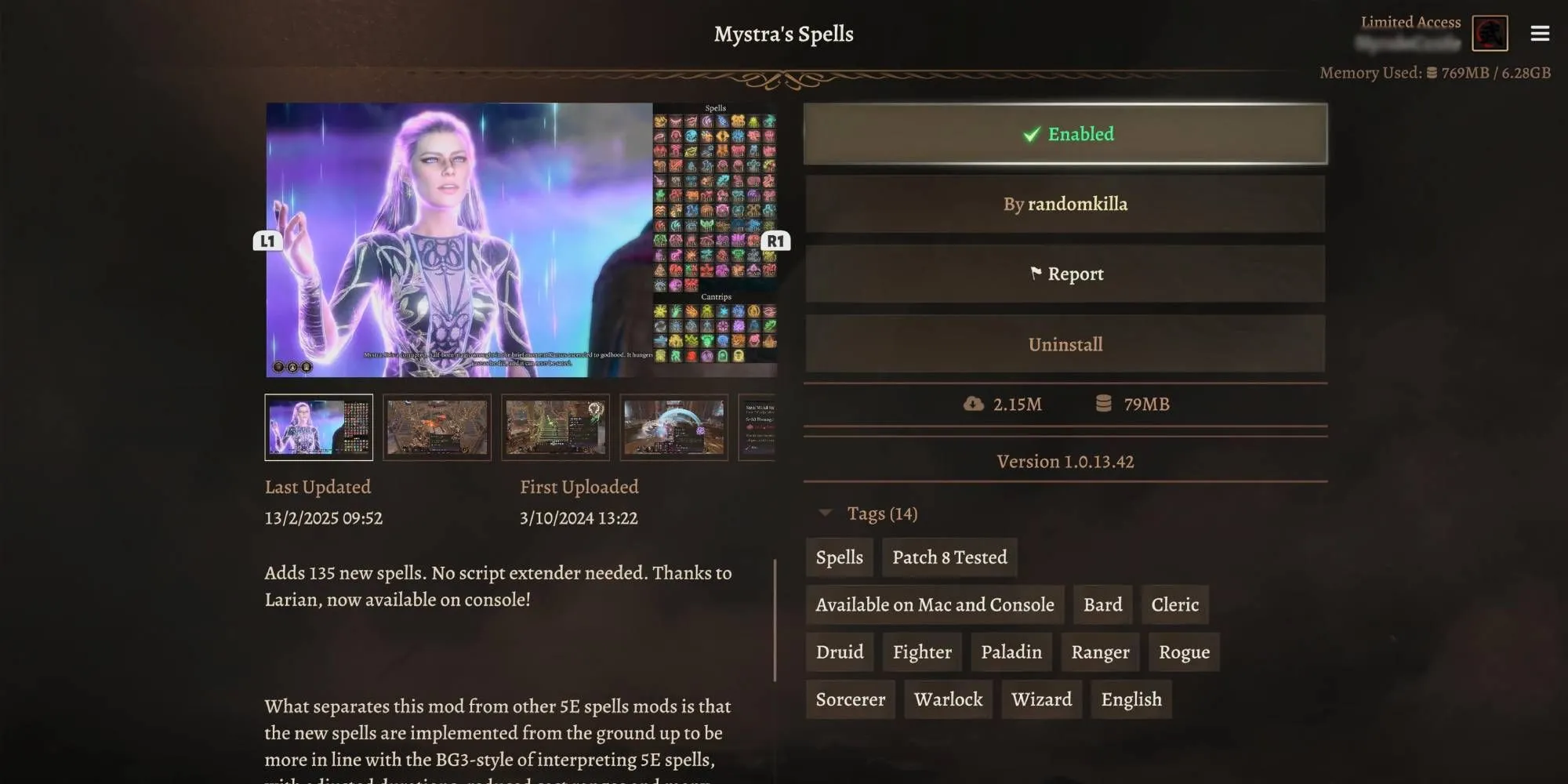 Hình ảnh giao diện chọn phép thuật trong Baldur's Gate 3 hiển thị các phép bổ sung từ mod Mystra’s Spells
