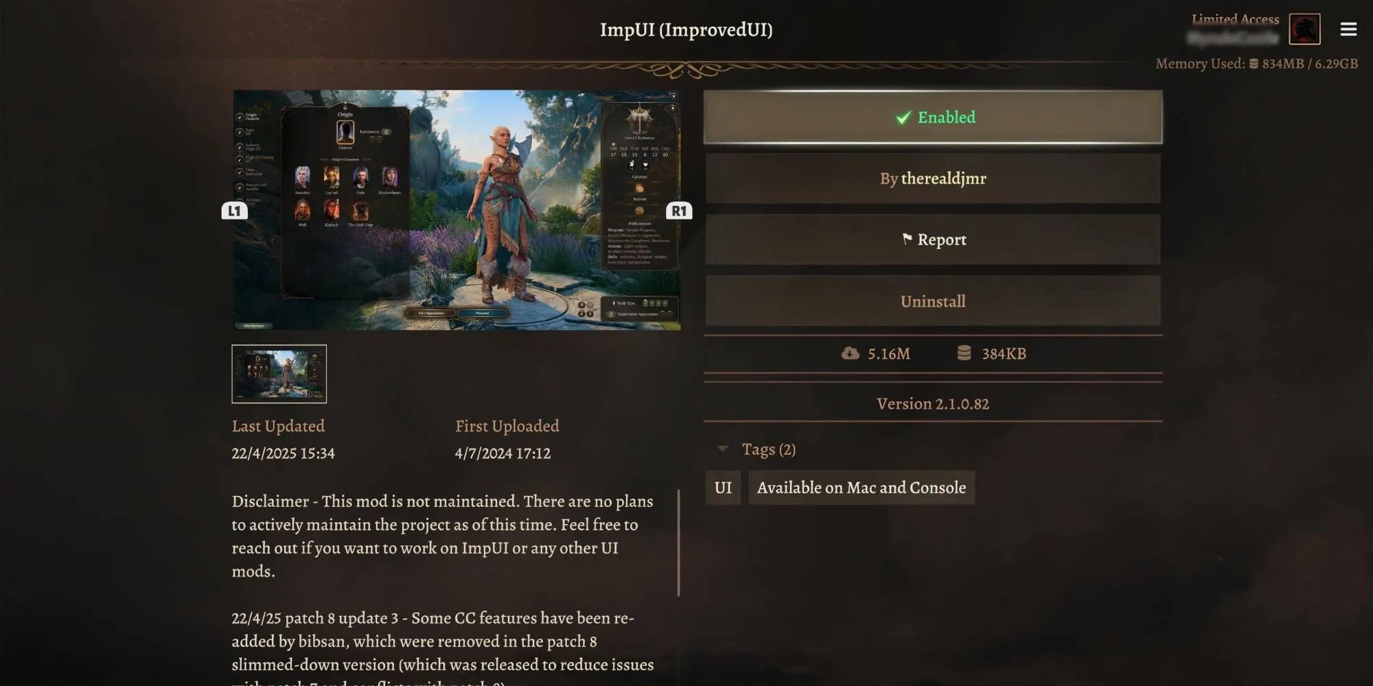 Hình ảnh giao diện người dùng trong Baldur's Gate 3 minh họa mod Improved UI cho console