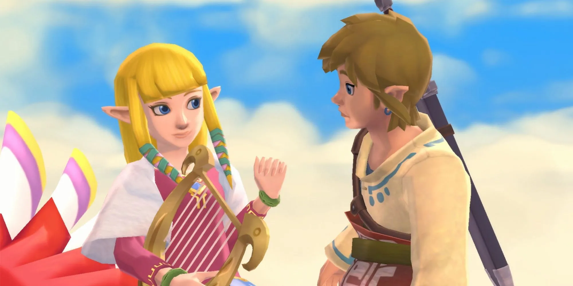 Hình ảnh Link và Zelda đứng cạnh nhau trong The Legend of Zelda: Skyward Sword, nền là bầu trời và một hòn đảo lơ lửng