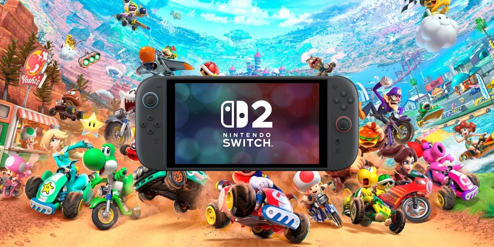Hình ảnh minh họa máy chơi game Nintendo Switch 2 với cảnh game Mario Kart World phía sau.