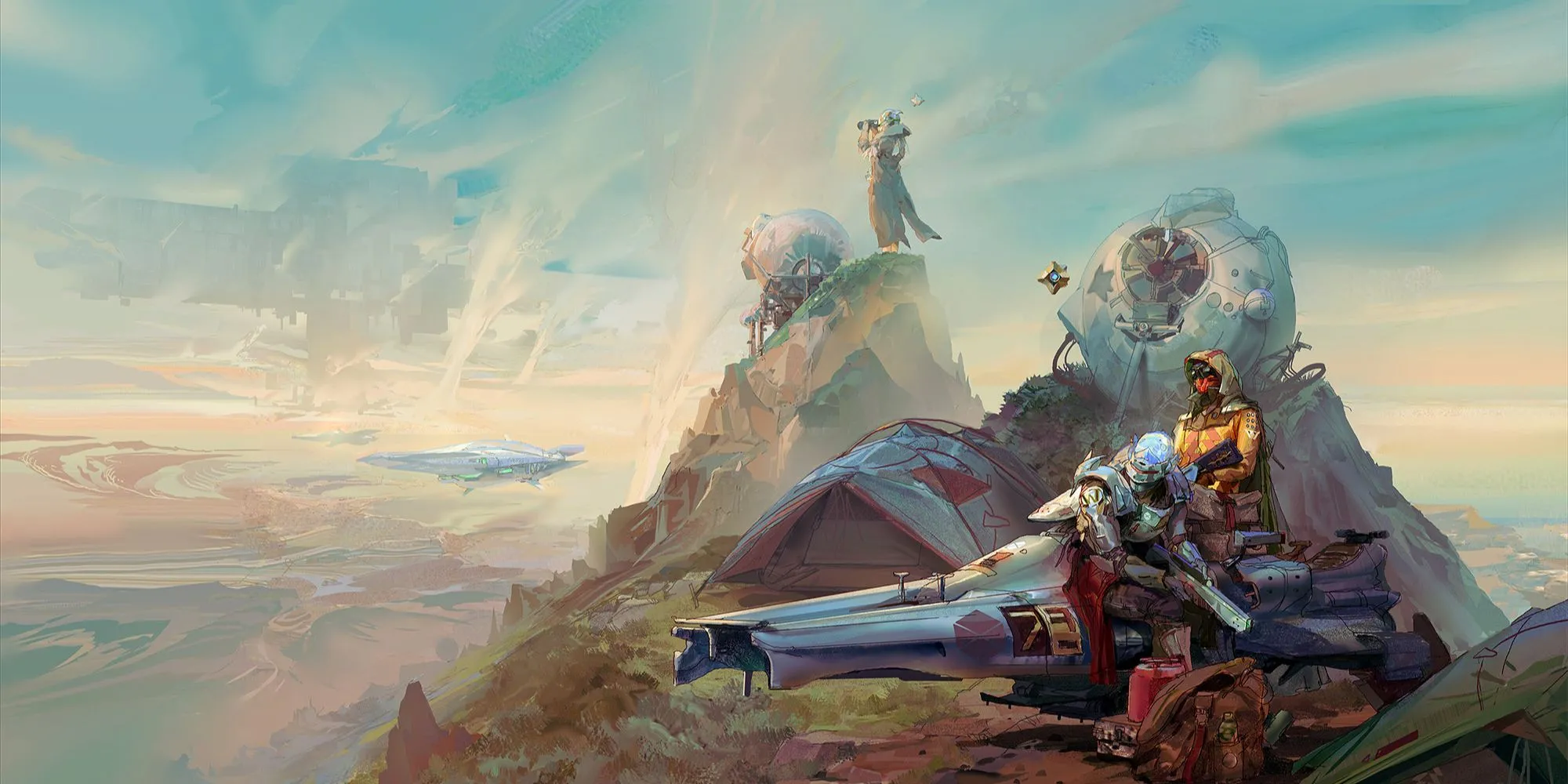 Hình ảnh một nhân vật Guardian trong bộ giáp đang đứng trên địa hình ngoài hành tinh trong game Destiny 2