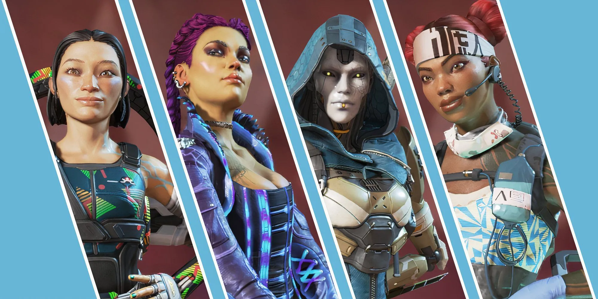 Hình ảnh một số Legend nổi bật trong Apex Legends bao gồm Conduit, Loba, Ash và Lifeline.