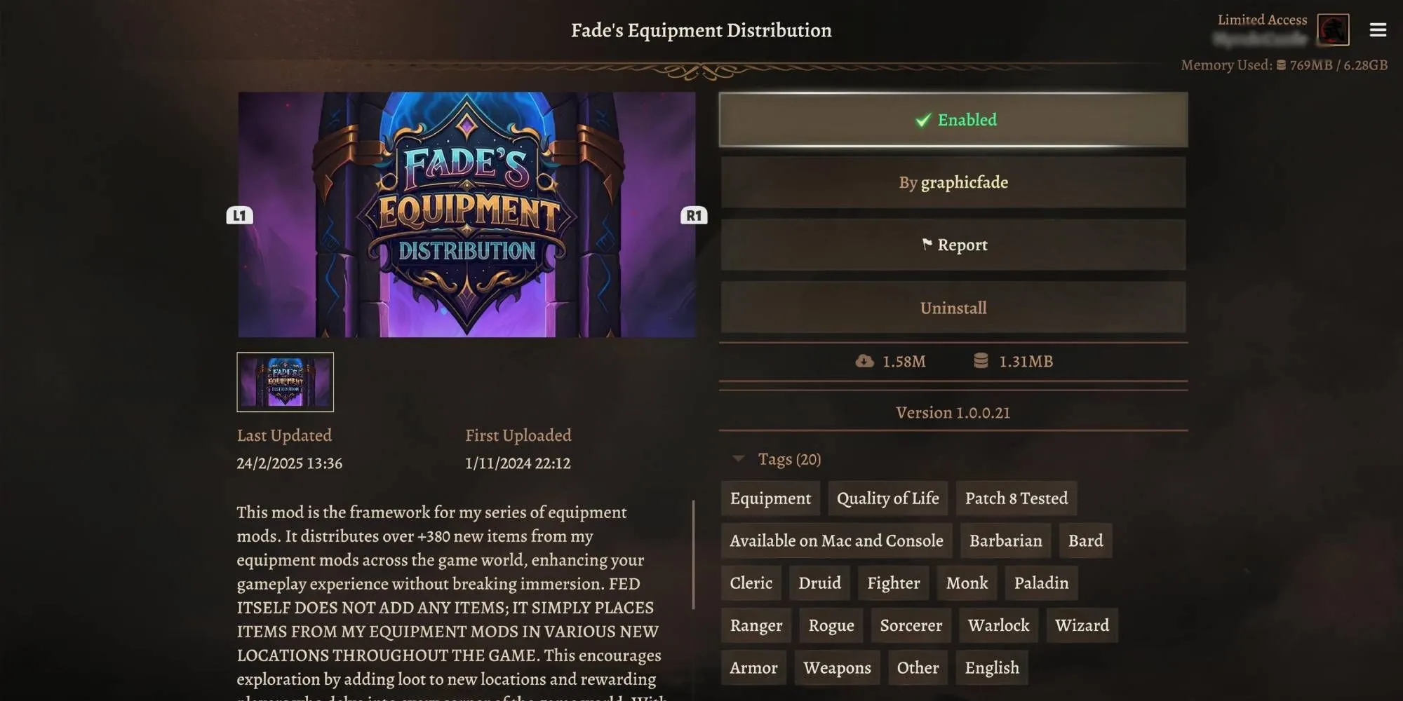 Hình ảnh nhân vật Baldur's Gate 3 trang bị bộ giáp từ mod Fade’s Equipment Sets