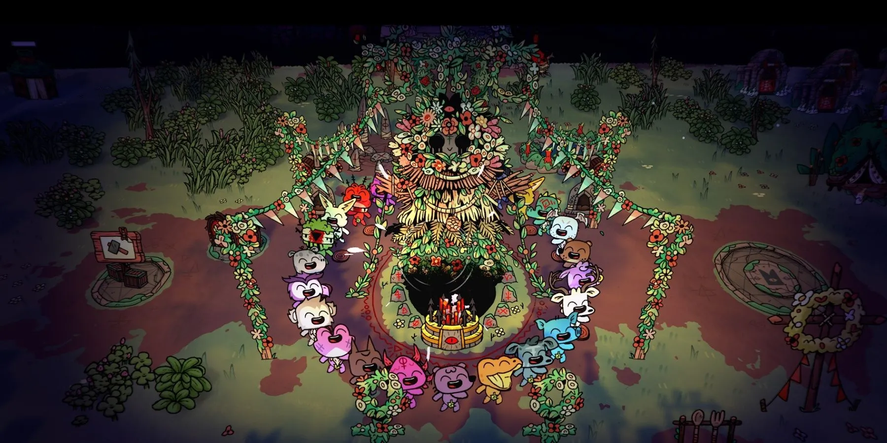 Hình ảnh nhân vật Lamb từ Cult of the Lamb đang nhảy múa trong một nghi lễ