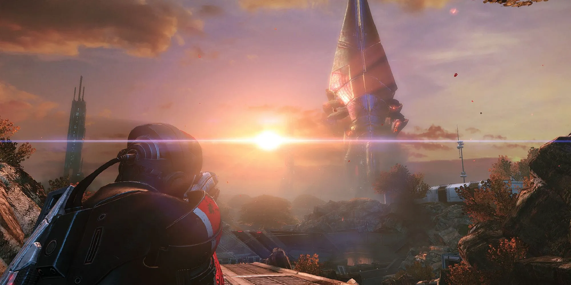 Hình ảnh tàu Reaper khổng lồ hạ cánh xuống một hành tinh trong Mass Effect 3