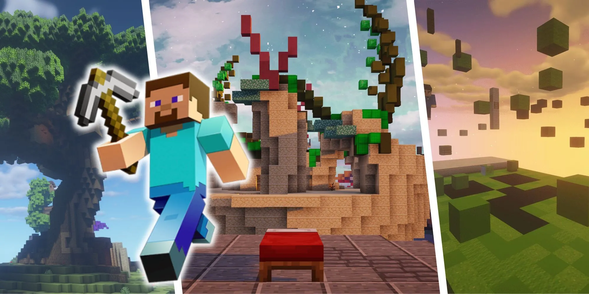 Hình ảnh tổng hợp các bản đồ Minecraft và nhân vật Steve.