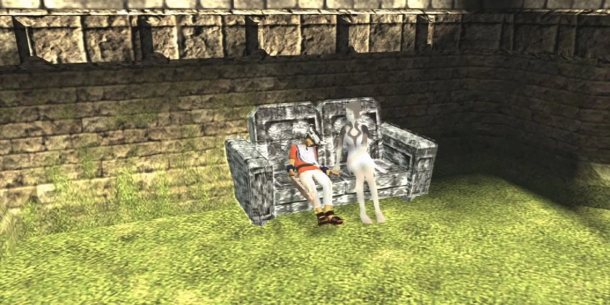Ico và Yorda tại điểm lưu game trong tựa game Ico trên PS2