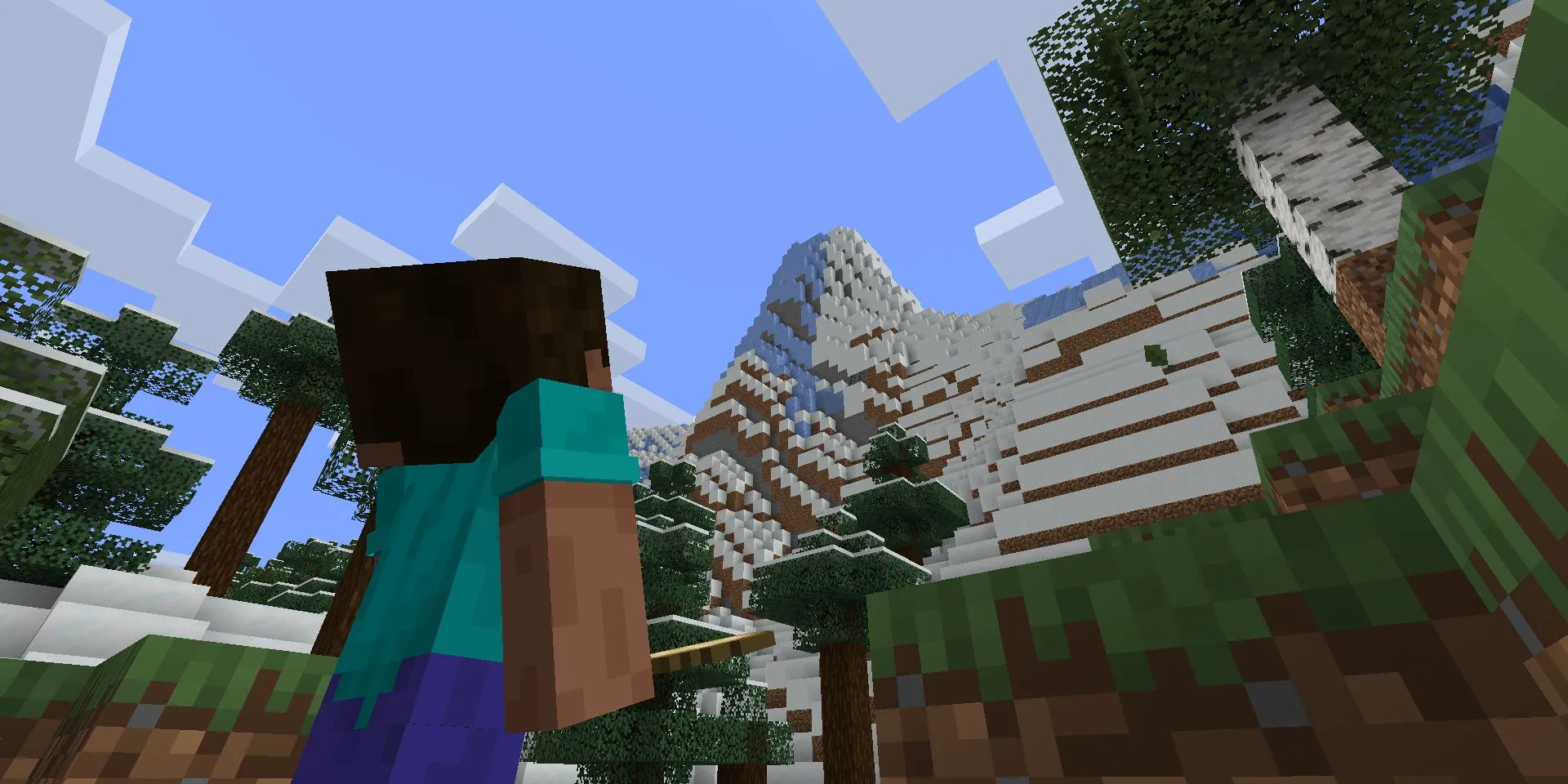 Image of Minecraft, with Steve Looking Up at a Big Cliff.